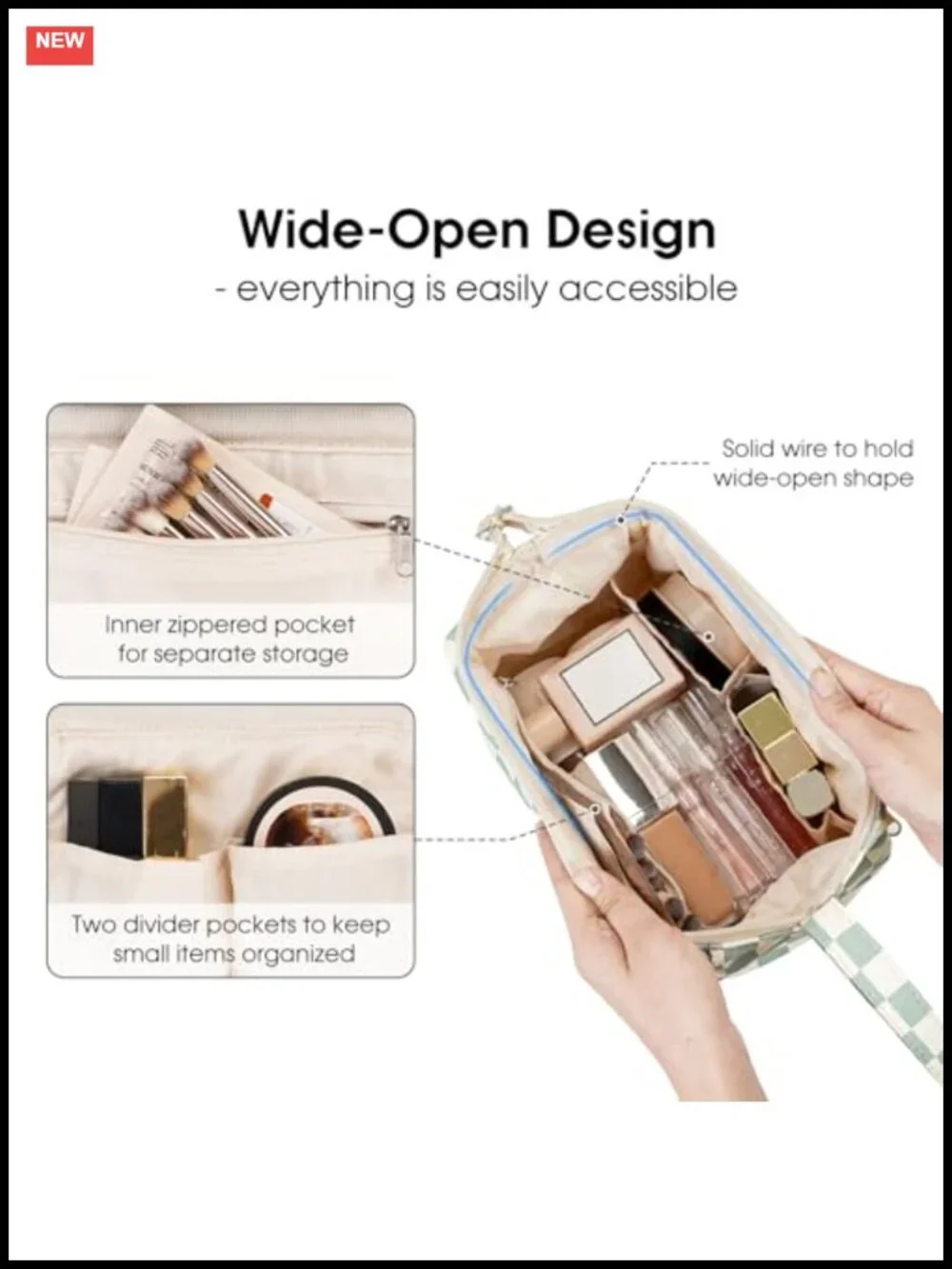 Wide Open Travel Makeup Bag Toiletry Case with Multiple Compartments,
